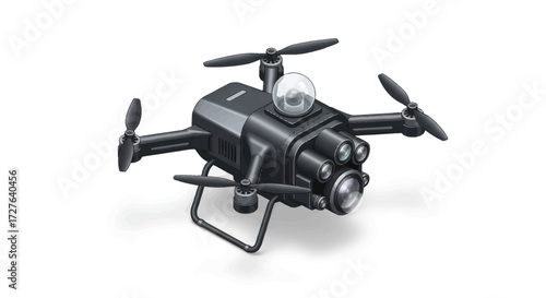 Illustrated black mini quadcopter drone with a front-facing camera and sensors.