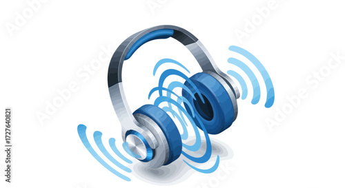 Modern Blue and Silver Wireless Headphones with Sound Waves.