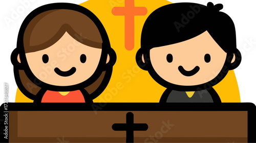 two cartoon characters smiling happily while sitting in front of a yellow background with a plus symbol