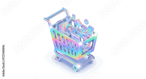 Iridescent Shopping Cart Filled with Abstract Shapes and Objects.