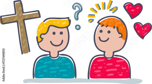 two cartoon characters with happy expressions next to a plus sign