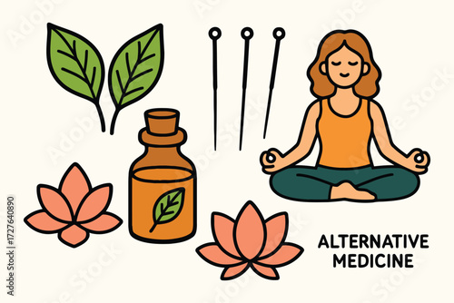 Woman meditating with acupuncture needles lotus flowers and herbal oil bottle