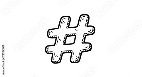 Hand-drawn black and white hashtag symbol with a sketchy 3D effect.