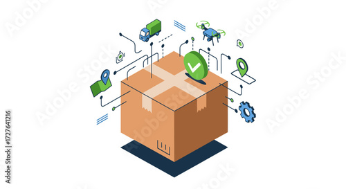 Isometric illustration of a supply chain management concept with a central cardboard package and logistics icons.