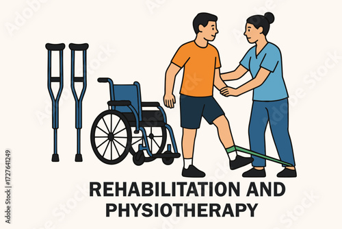 Physical therapist assisting patient with leg exercise using resistance band in rehabilitation setting