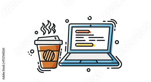 Colorful line art illustration of an open laptop computer and a steaming hot coffee cup.