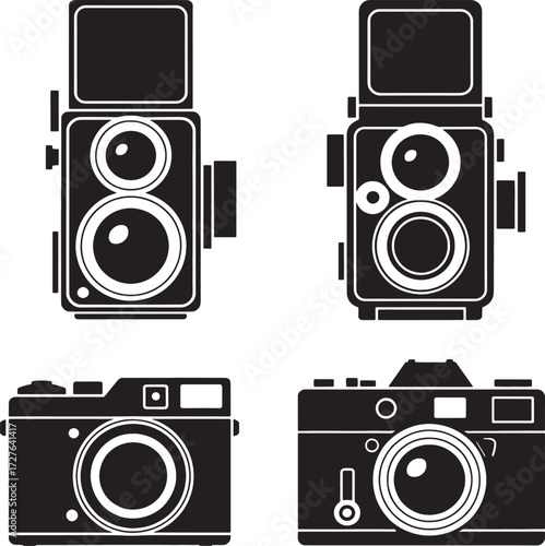 Four black silhouette vintage cameras arranged in two rows retro camera photography