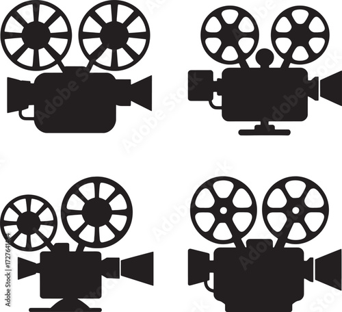 Four black silhouette vintage film cameras with reels on white background movie camera vintage camera