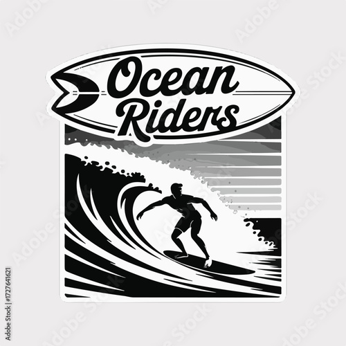 Endless Summer Vector Logo with Surfer on Large Ocean Wave
