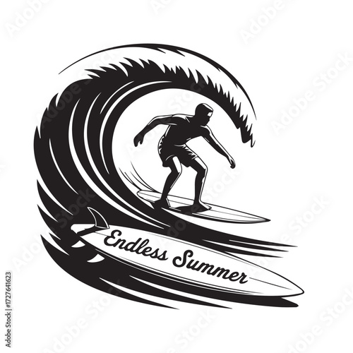 Vintage Monochrome Surf and Beach Vector Illustration Set