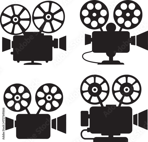 Four black silhouette vintage film projectors on white background movie camera retro