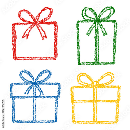 Colorful childish crayon drawing of three gift boxes with bows in red green and blue - Concept of Christmas and birthday - holiday - festive - celebration - color - joy