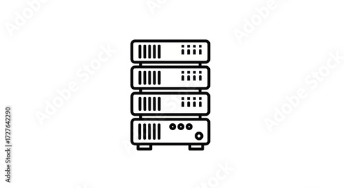 Simple black line art icon of a stacked server rack for a data center.