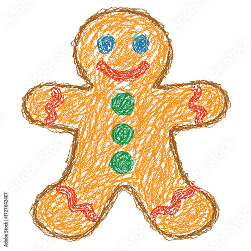 Colorful childish crayon drawing of a smiling gingerbread man cookie with buttons - Concept of Christmas - holiday - festive - winter - dessert - joy