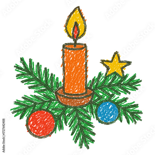 Colorful childish crayon drawing of single Christmas candle with pine and star - Concept of Christmas - holiday - festive - winter - tradition - warmth
