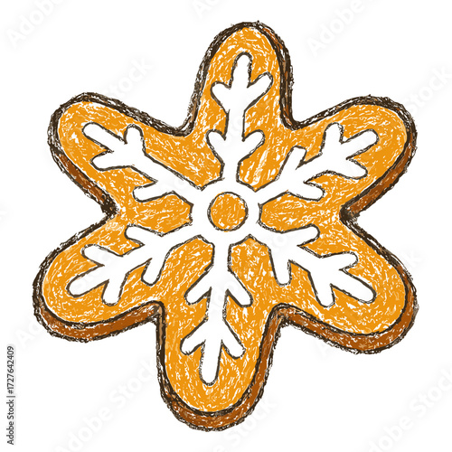 Colorful childish crayon drawing of a star-shaped gingerbread cookie with icing - Concept of Christmas - holiday - festive - winter - baking - tradition