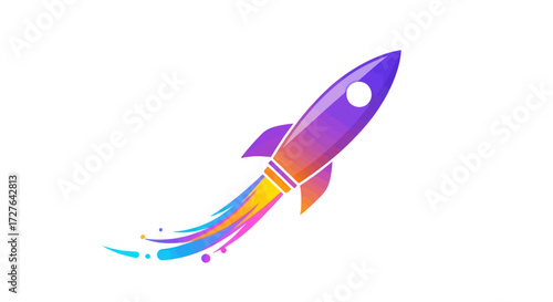 Vibrant colorful rocket ship launching upwards with a dynamic multicolored exhaust trail.