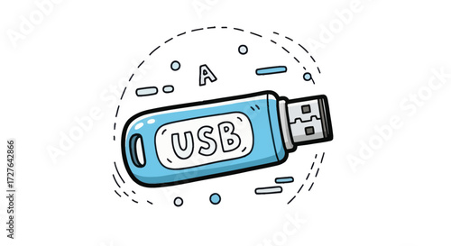 A hand-drawn cartoon illustration of a light blue USB flash drive with doodle elements.