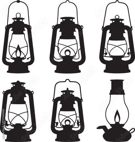 Six black silhouette oil lanterns and a kerosene lamp with flame vintage lamp antique lantern