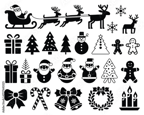 A festive collection of black and white Christmas-themed vector illustrations, a grid pattern