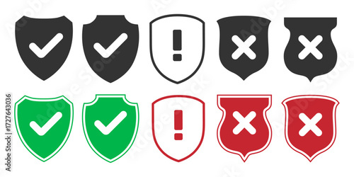 Check mark icon. Checkbox with right and wrong buttons and yes or no checkmark icons. Shield symbols with check mark and exclamation icons representing green box and red cross. vector illustration.