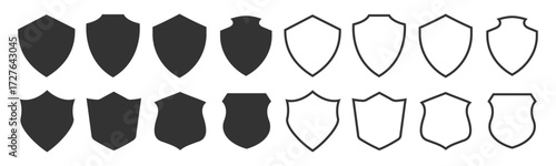 Shield icons set. Protect shield vector. Collection of security shield icons. Shield vector, police badge shape contours and linear signs
