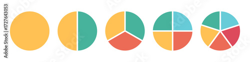 Pie chart set. Circle pie chart diagram. Circle icons for infographic or steps.. Colorful diagram collection with 1,2,3,4,5,6 sections or steps. Flat process cycle.