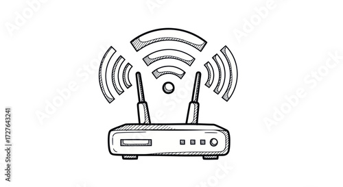 Hand-Drawn Illustration of a Wireless Router with Antennas and Wi-Fi Signal.