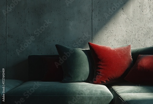 Contemporary living room sectional couch, dark teal and deep crimson velvet cushions, bathed in natural light against a textured concrete wall.