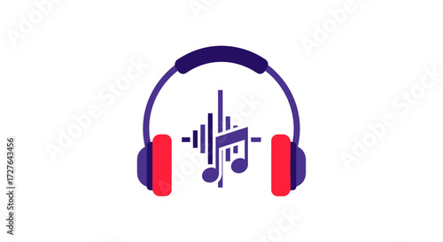 Blue and red headphones icon with a musical sound wave and notes graphic.