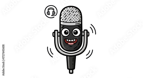 Cute Cartoon Microphone Character with Happy Face and Headphones Icon.