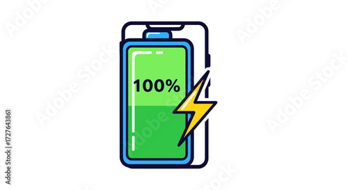 Colorful flat icon of a smartphone with a fully charged green battery at 100 and a yellow lightning bolt.