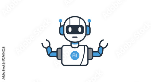 Friendly cartoon AI robot chatbot with blue accents and antennas.