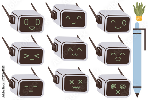 Cute robot heads express happiness, confusion, sadness, and joy next to a quirky pen topped with a decorative carrot. Ideal for AI, creativity, emotion, technology, learning UX design playful