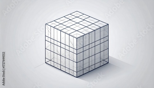 Isometric projection of a cube divided into smaller cubes, with a drop shadow