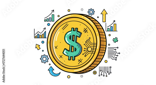 Hand-drawn illustration of a golden dollar coin with financial growth charts and technology icons.