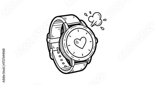 Hand-drawn illustration of a smartwatch displaying a heart icon and steam.