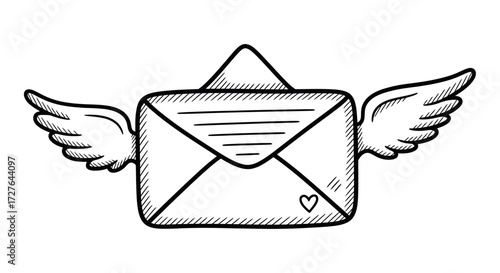 Hand-drawn flying envelope with wings and a small heart illustration.