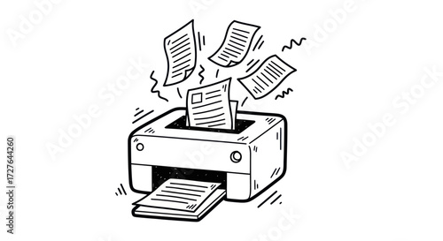 Hand-drawn black and white sketch of a chaotic office printer with documents flying out.