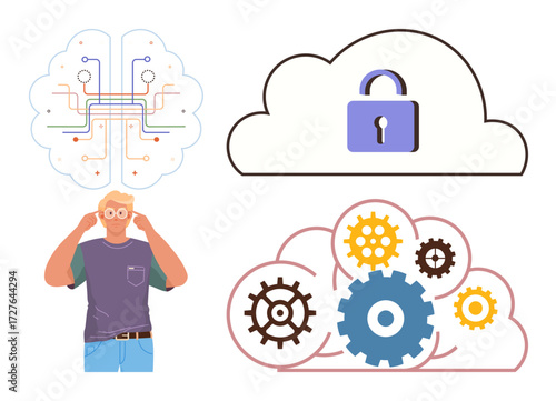 Man thinking with cloud visuals of AI circuits, secure data lock, and interconnected gears. Ideal for technology, security, cloud computing, AI, innovation brainstorming automation. A simple flat
