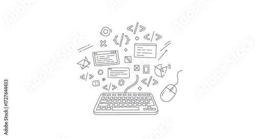 Hand-drawn sketch illustration of a computer keyboard with programming and web development icons.