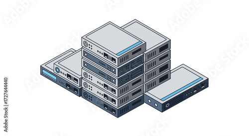 Isometric Illustration of Server Rack Stacked System.