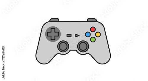 Modern gray video game controller icon with colorful action buttons and analog sticks.