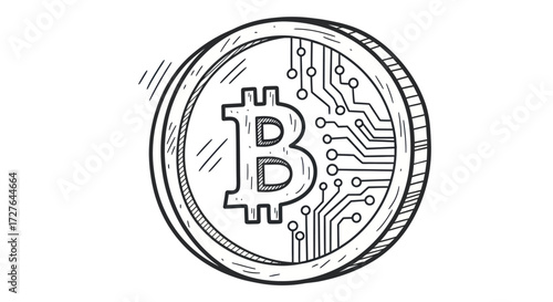 Bitcoin Coin Sketch: Digital Currency Illustration with Circuit Board Design.