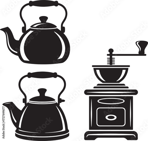 Two black silhouette kettles and a black silhouette coffee grinder on white background vintage kitchenware