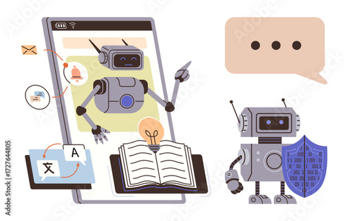 Robots interacting through smartphone screen with books, apps, and translation tools. Chat bubble, shield symbolizing communication, learning, AI security. Ideal for technology, AI robotics
