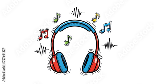 Vibrant Cartoon Headphones with Music Notes and Sound Waves.