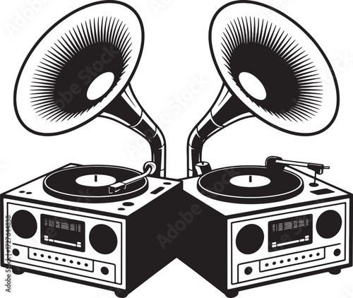 Two vintage record players with gramophone horns facing outwards turntable