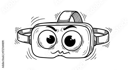 Cartoon VR Headset with Annoyed Expression.