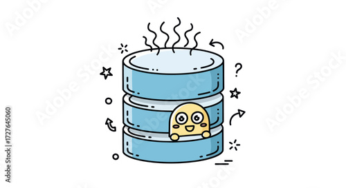 Cute cartoon character peeking from a stylized blue database server stack illustration.
